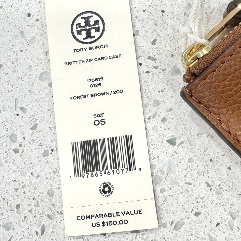 Tory Burch Britten Pebbled Leather Zip Card Case Gold Logo NWT brown tan - Picture 3 of 8